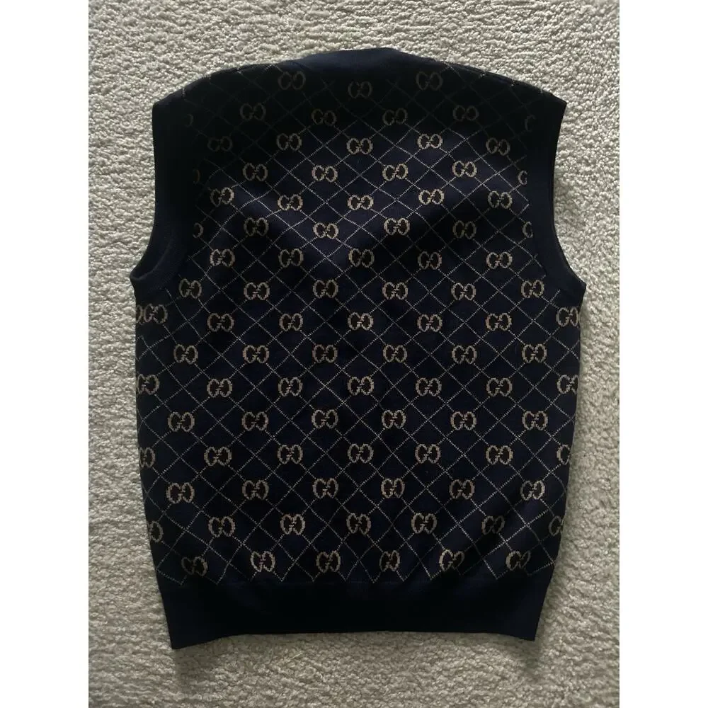 AUTHENTIC GUCCI GG MONOGRAM NAVY GOLD WOOL SWEATER VEST SZ M RARE